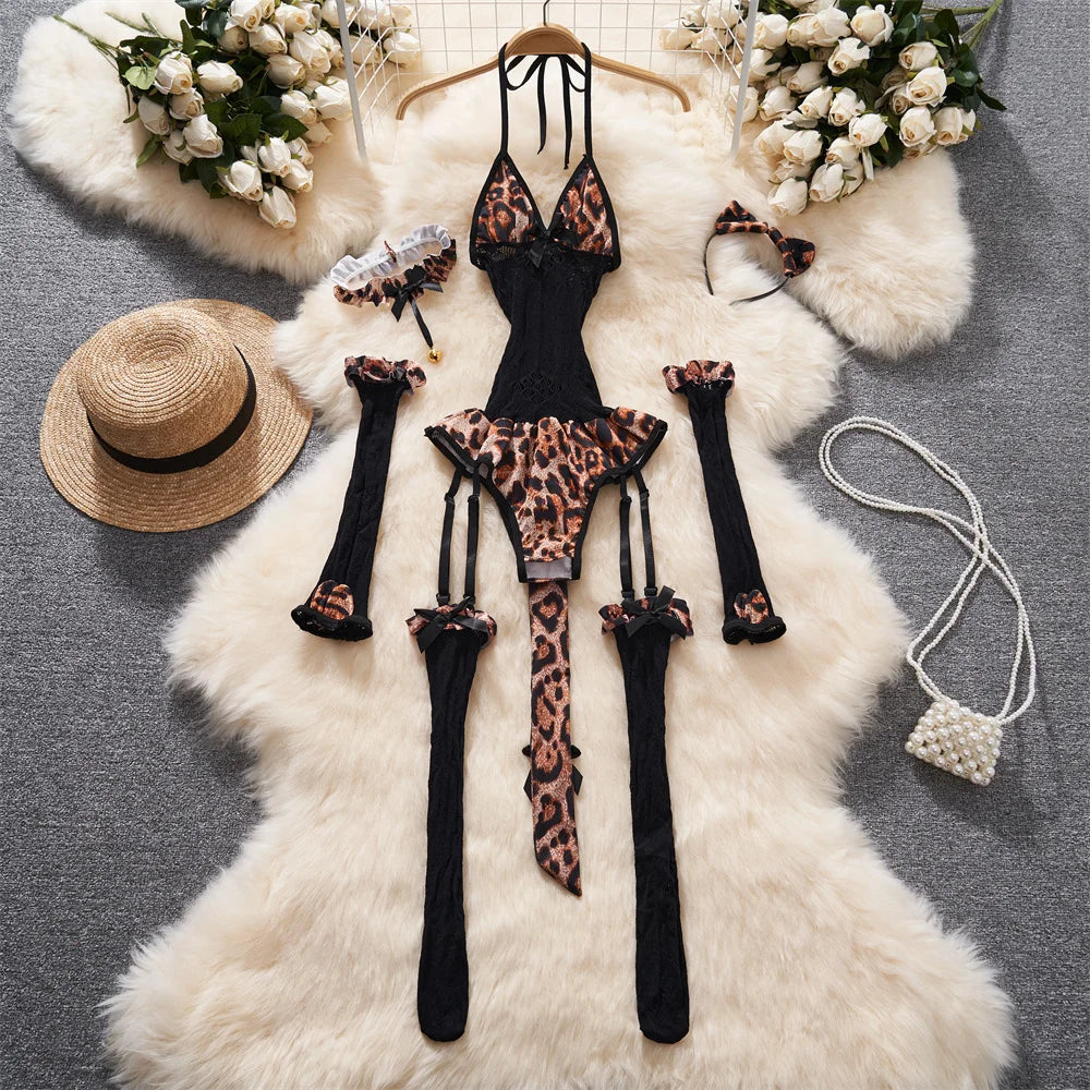 Women Hotsweet V-neck Leopard Slim Vintage Straps Bodysuits Chic Lace Slim Jumpsuits Comfortable Fashion Underwear