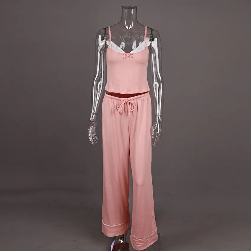 Summer Women's Clothing Deep V Neck Bow Tie Cami Pajama Set Long Pants Night Wear For Ladies Polyester Thin Lingerie Set