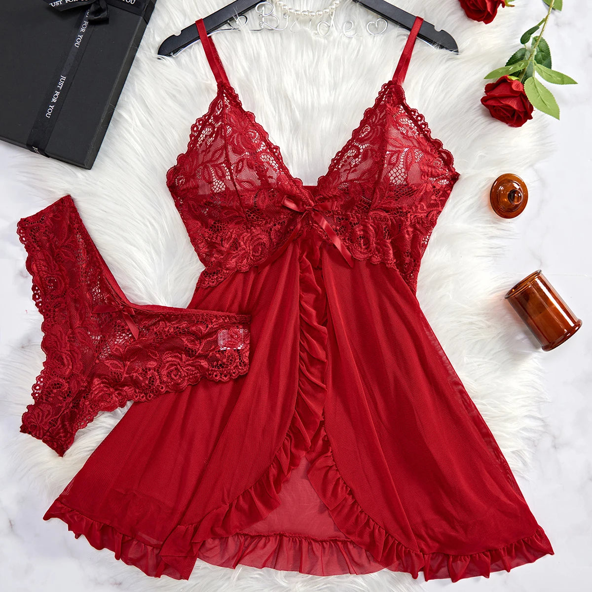 Women Lace Lingerie Set Transparent Babydoll Nightdress with Panty Sexy Lace Sleepwear Nightwear Pajamas Set for Women