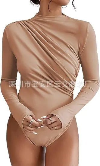 Hot Lingerie Jumpsuit Draped Front Romper Women's Body Lingerie Long Sleeve Bodysuit Minimalist Monochrome Solid Color