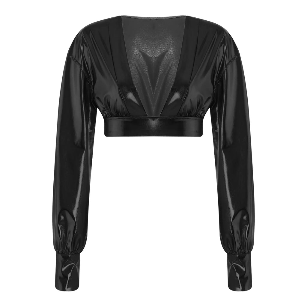 Womens Y2K Metallic Shiny Hip Hop Crop Top Deep V Neck Balloon Long Sleeve Button Cuffs Blouses Tops Disco Party Rock Clubwear