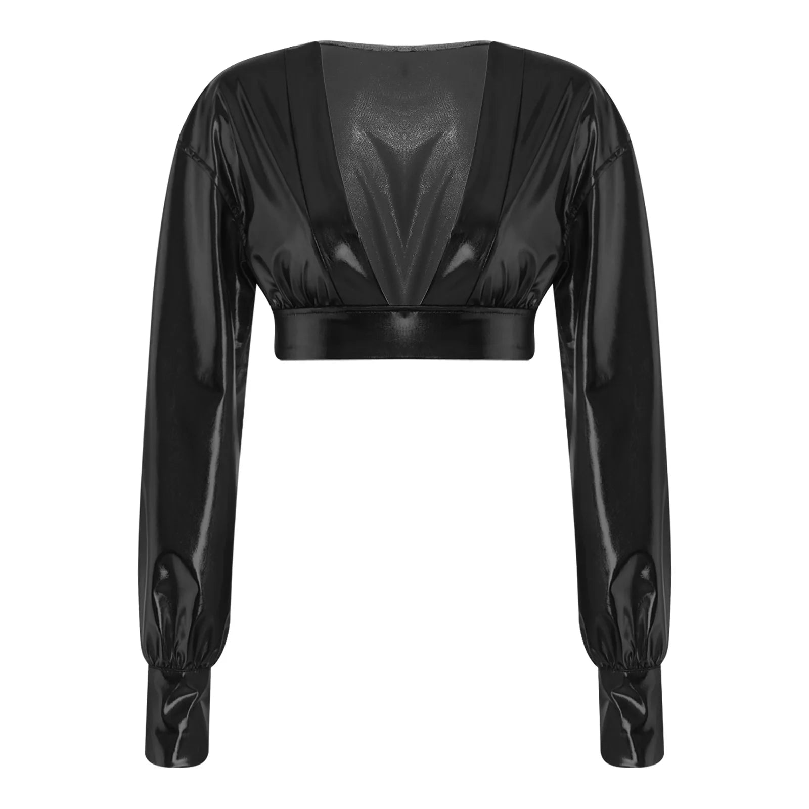 Womens Y2K Metallic Shiny Hip Hop Crop Top Deep V Neck Balloon Long Sleeve Button Cuffs Blouses Tops Disco Party Rock Clubwear
