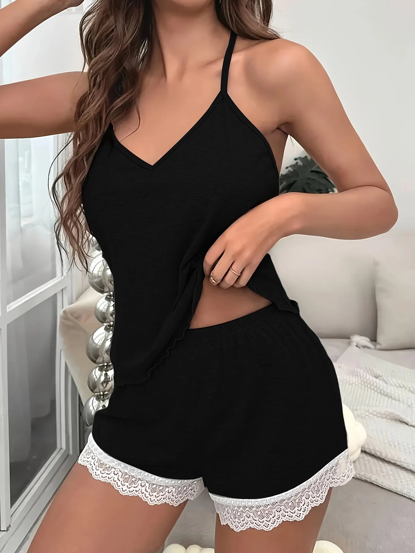Women’s Lace Trim Pajama Set Sleeveless Backless Sleepwear Soft Cotton Lounge Shorts Set for Summer Homewear Nightwear Loungewea