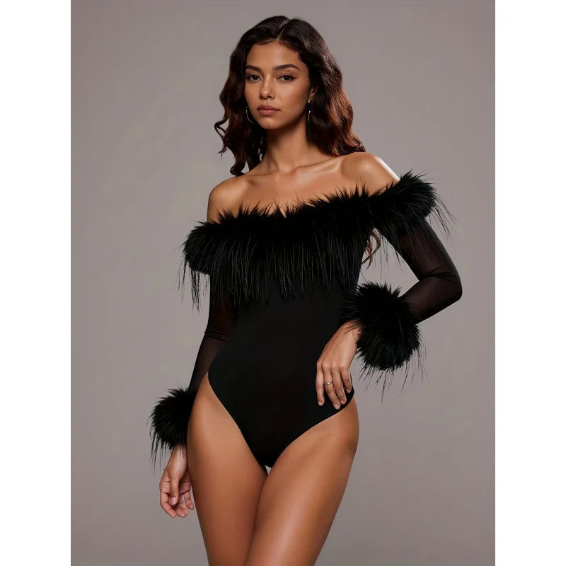 Women's Fashionable and Sexy Mesh Furry Bodycon Top, Sexy 1pc Dress Suitable for Parties, Dates, Holiday Gatherings
