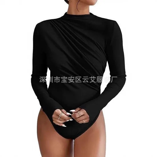 Hot Lingerie Jumpsuit Draped Front Romper Women's Body Lingerie Long Sleeve Bodysuit Minimalist Monochrome Solid Color