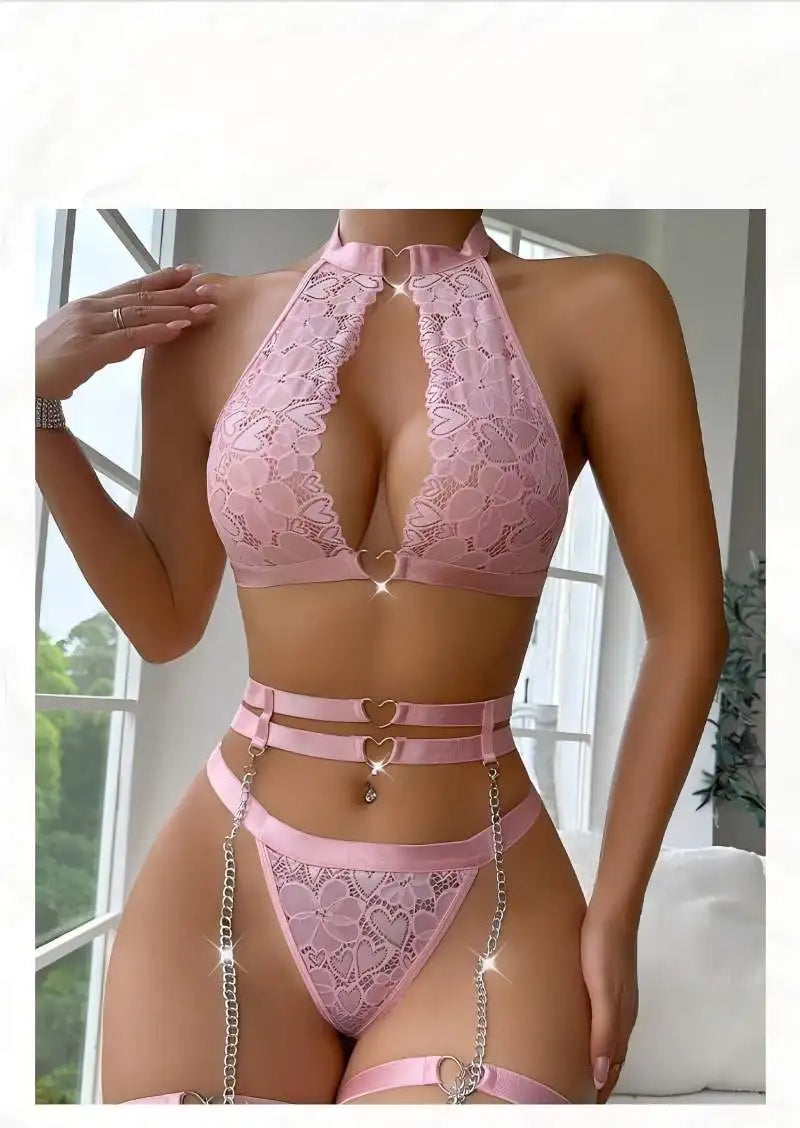 Sexy Lingerie Set Push Up Lace Garter Lingerie Set with Choker Women Intimates Underwire Bra and Thongs Ladies Underwear Set