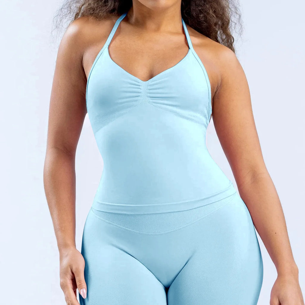 Women's Halter Neck Yoga Tank Top, Front Ruched Seamless Sports Bra Short Top, High-Elastic Soft Nylon Spandex Fitness Wear, Slim-Fit Sleeveless Running Training Fitness Tank Top