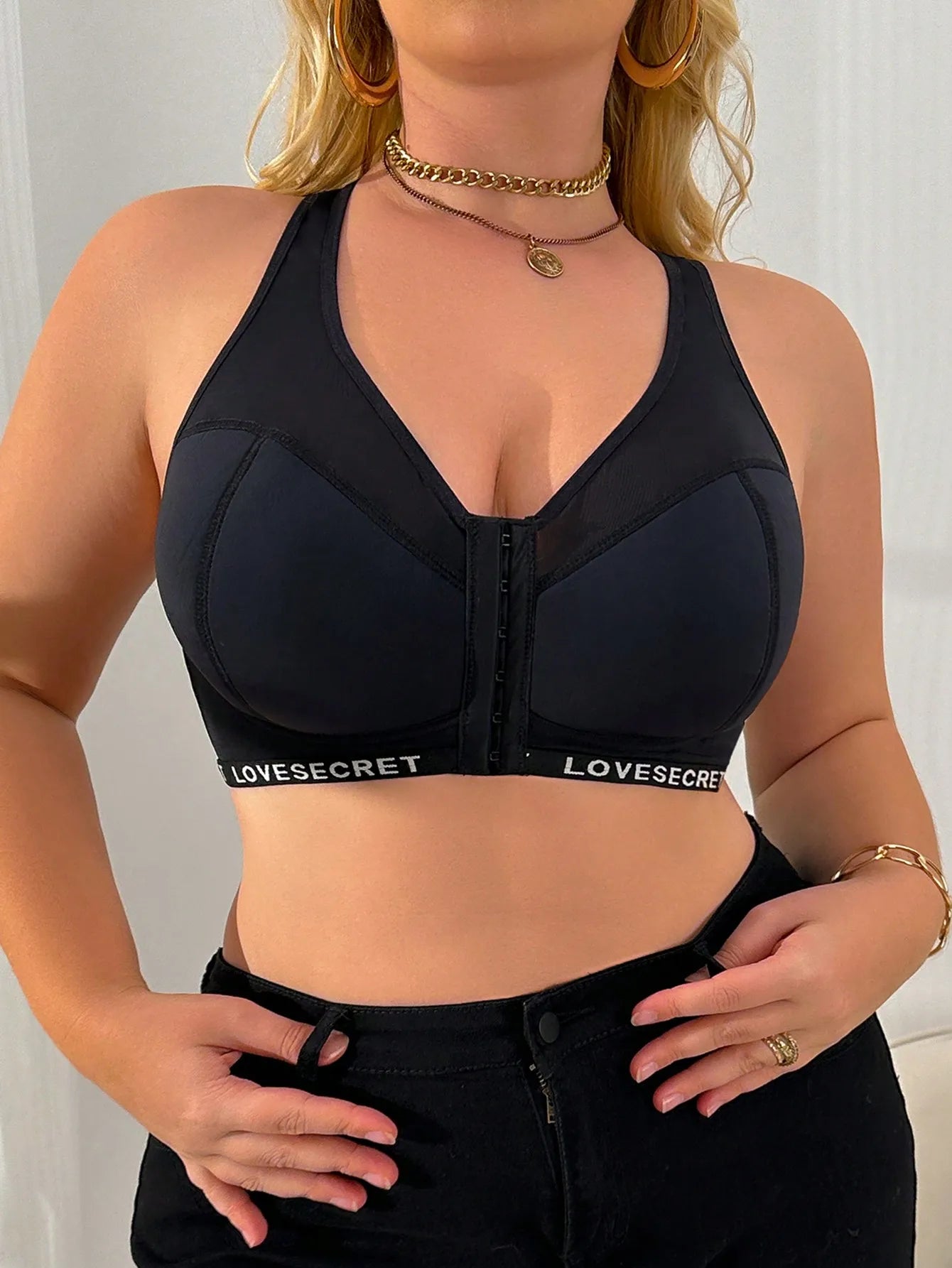 Women Plus Size Lace Bra Front Closure Full Coverage Supportive Wirefree Padded Bra Comfort Seamless Daily Lingerie Black Date V