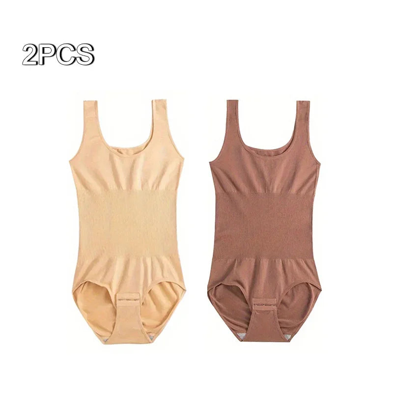 2pcs Body Shapewear For Women Seamless Solid Shaping Full Bodysuit Crew Neck Tummy Control Breathable Body Shaper Underwear