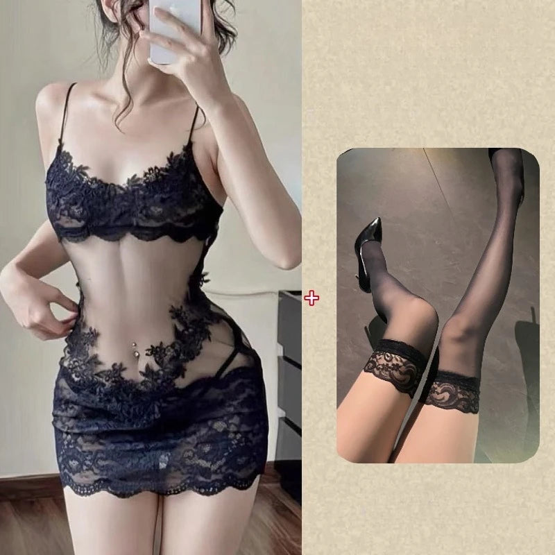 Sexy Lace Chemise Nightgown Women Sheer Mesh Babydoll Sleepwear Solid See Through Clubwear Mini Dress Sleepwear Intimates Slip