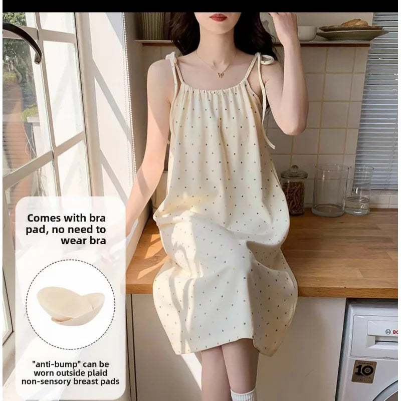 Cloud Cotton Camisole Nightdress With Chest Pads Women, Summer Sleepwear, Lightweight Casual Slim-Fit Dress