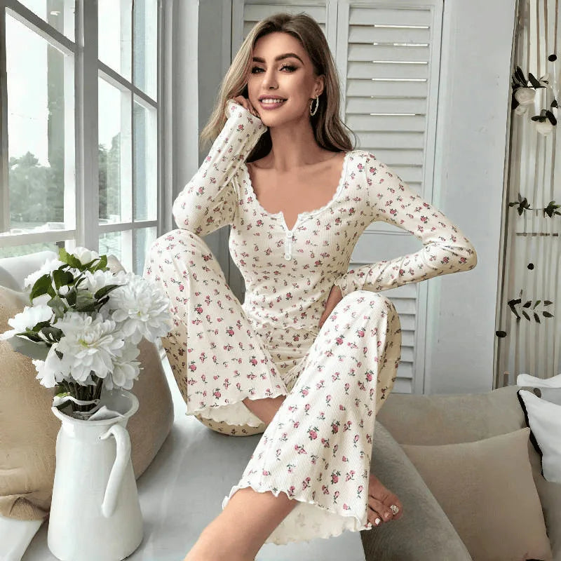 Sleepwear Women Floral Print Lettuce Trim Top with Long Pant Lovely Loungewear Full Sleeve Nightwear Spring Autumn Pajamas Set