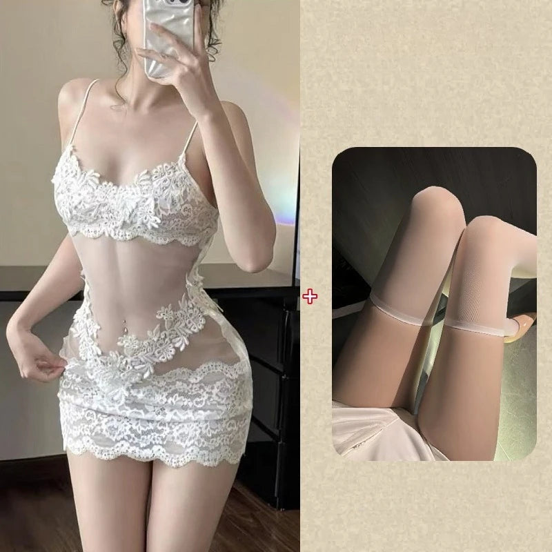 Sexy Lace Chemise Nightgown Women Sheer Mesh Babydoll Sleepwear Solid See Through Clubwear Mini Dress Sleepwear Intimates Slip