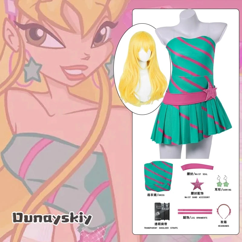 Anime Stella Cosplay Costume Fairy Party Green Bandeau Dress Women's Dresses Halloween Roleplay Wig Shoe Outfit Disguise Suits