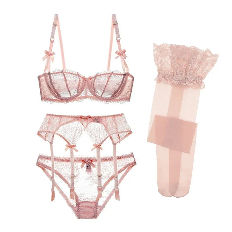 New 2025 Luxury Half Cup Lace Transparent Sexy Lingerie Ultra-thin Solid Shell Style 4 Pieces/Lots Bra Set Garter and ☆★☆★qq