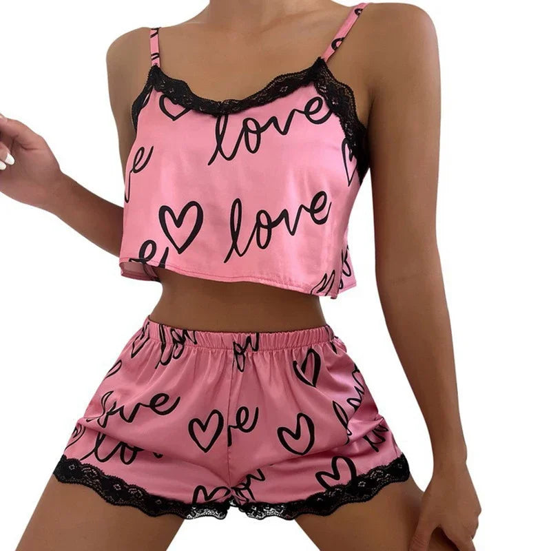Women'S Pajama Shorts Suit Homewear Print Underwear Pijama Sexy Lingerie Camisoles Tanks Nighty Ladies Sleepwear