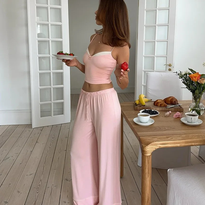 Summer Women's Clothing Deep V Neck Bow Tie Cami Pajama Set Long Pants Night Wear For Ladies Polyester Thin Lingerie Set