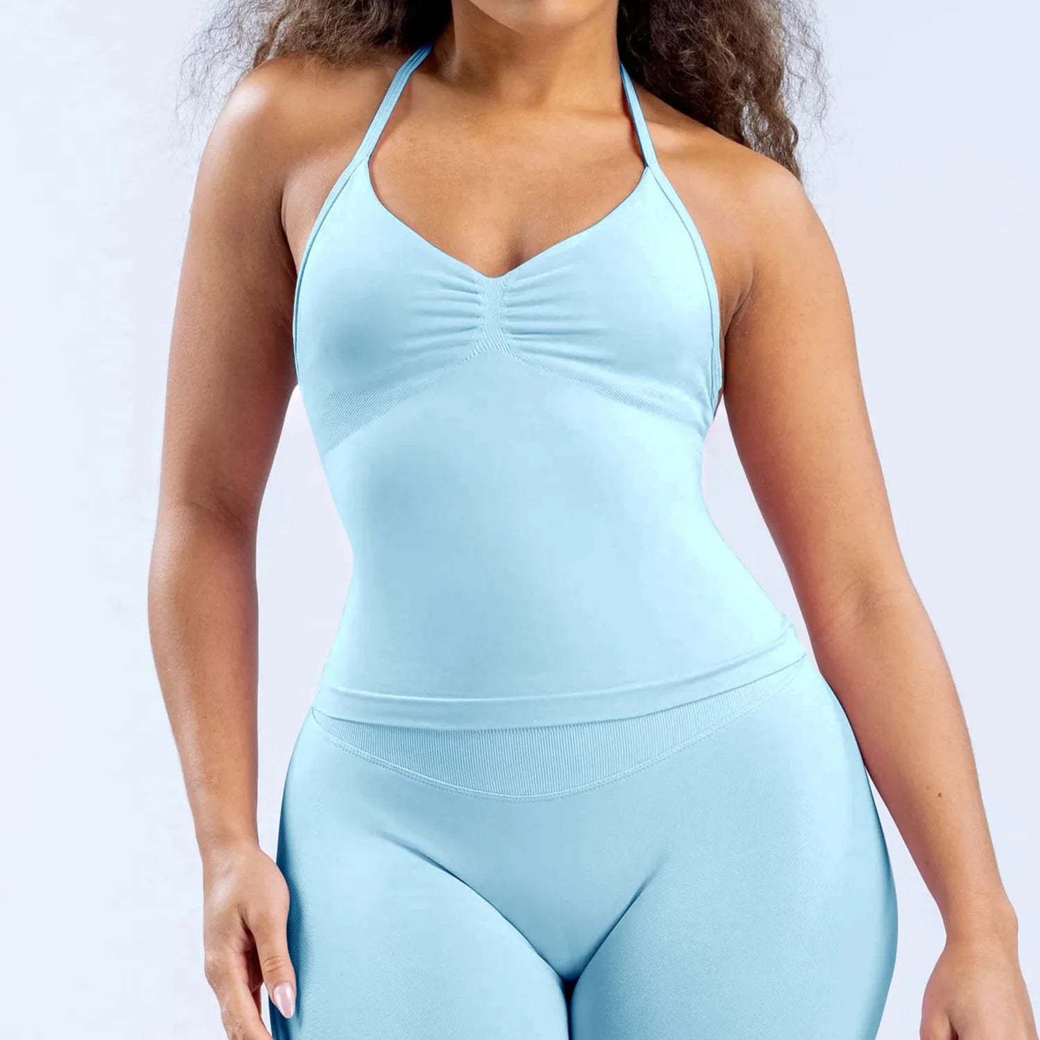 Women's Halter Neck Yoga Tank Top, Front Ruched Seamless Sports Bra Short Top, High-Elastic Soft Nylon Spandex Fitness Wear, Slim-Fit Sleeveless Running Training Fitness Tank Top