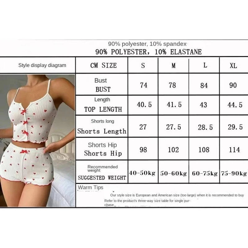 Sexy Sleepwear Women Pajamas Set Heart Print Silk Stain V-Neck Sleeveless Casual Cami Top and Shorts Sets Home Suit Loungewear