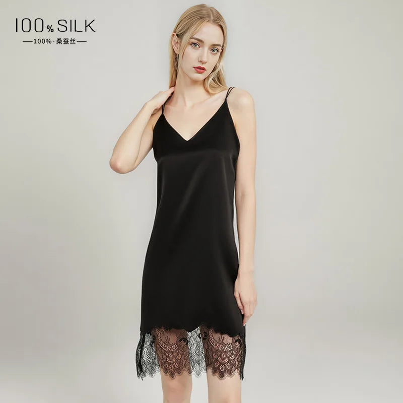 Sexy Ice Silk Slip Dress Women Lace Hollow Out Back Nightgown Sleeveless Mini Sleepwear Smooth Casual Lingerie Homewear