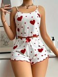 5 Size Choose S M L XL 2XL Women's Pajamas Set Straps Sleepwear Vest + Shorts Red Heart Print Nightwear Sexy Lingerie