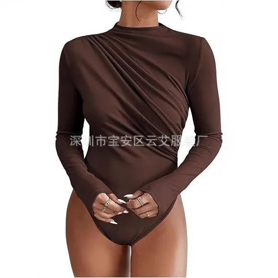 Hot Lingerie Jumpsuit Draped Front Romper Women's Body Lingerie Long Sleeve Bodysuit Minimalist Monochrome Solid Color