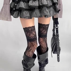 1 Pair Women's Over-Knee Socks with Floral Lace Trim Net Design for Boots Dresses Jeans - Vintage Style