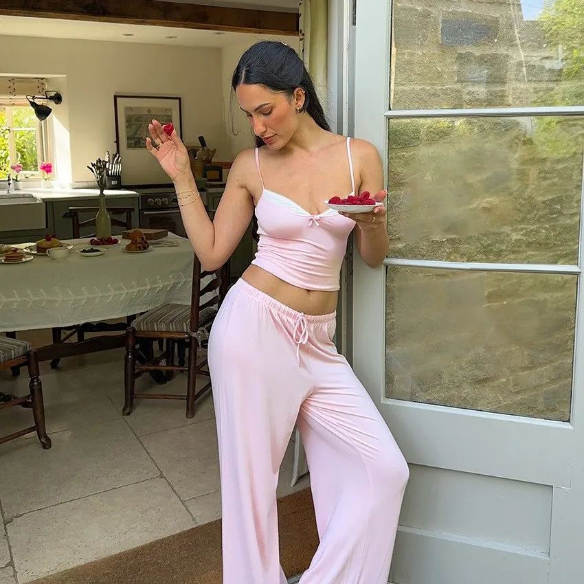 Summer Women's Clothing Deep V Neck Bow Tie Cami Pajama Set Long Pants Night Wear For Ladies Polyester Thin Lingerie Set