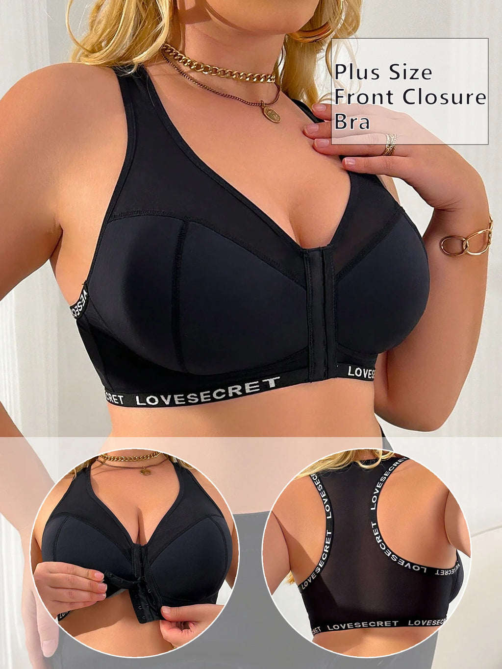 Women Plus Size Lace Bra Front Closure Full Coverage Supportive Wirefree Padded Bra Comfort Seamless Daily Lingerie Black Date V