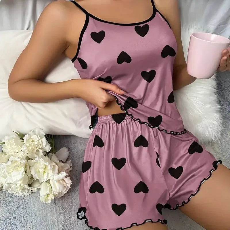 Ice Silk Women's Pajama Set Round Neck Pink Heart Shaped Print T Shirts Shorts Comfortable Casual Summer