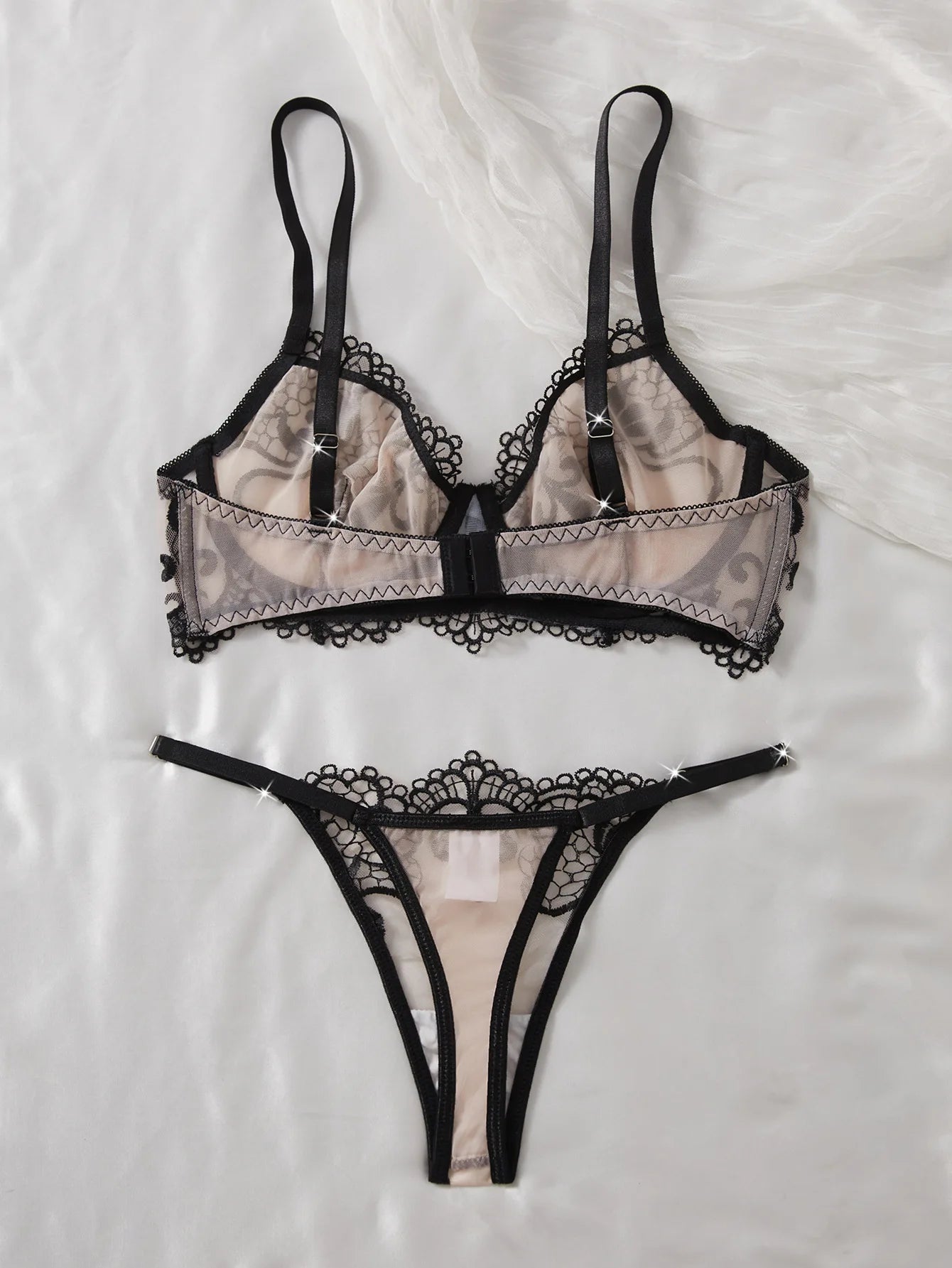 Double Layer Cup Push Up Lingerie Set Floral Embroidery Sheer Mesh 2 Piece Set Sexy Underwear for Women Sexy Bra and Thong Set