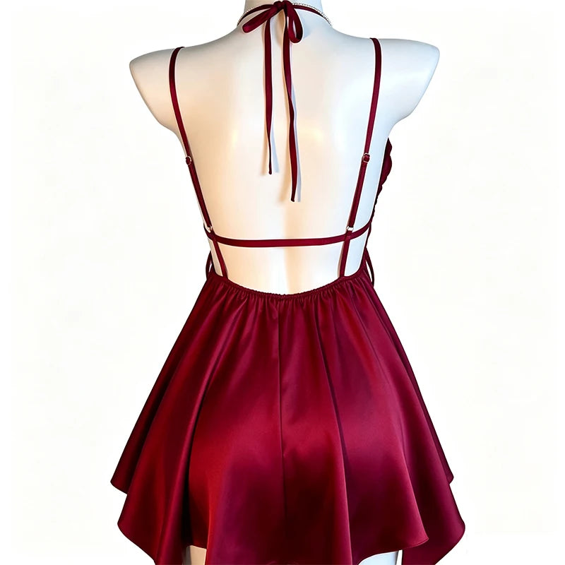 Sexy Ice Silk Sleepwear Women's Strap Butterfly Knot Home Clothes Comfortable Breathable V-neck Short Dress Home Clothes