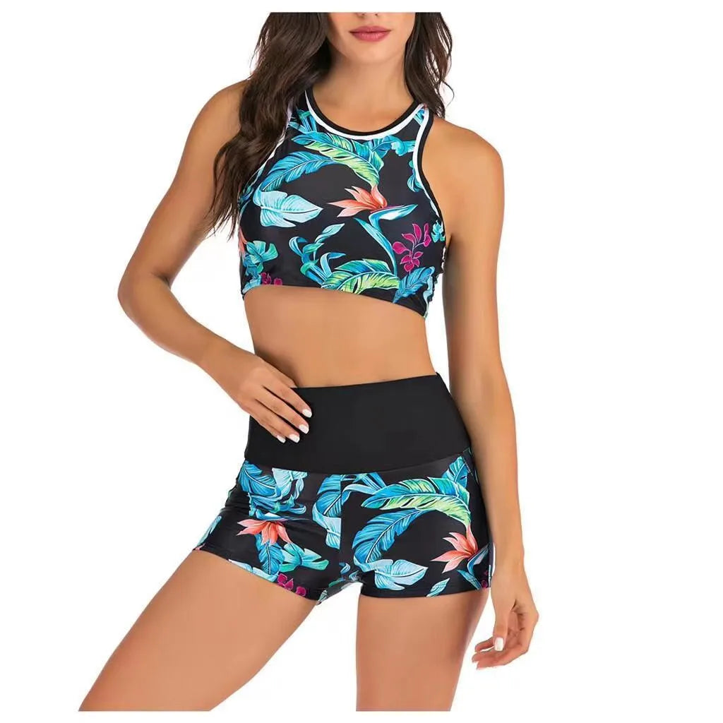 Y2K Bikini Woman Tankini With Shorts Crop Top High Waist Tropical Print Swimwear Blue Green Pink Halter Neck Two Piece Swimsuit