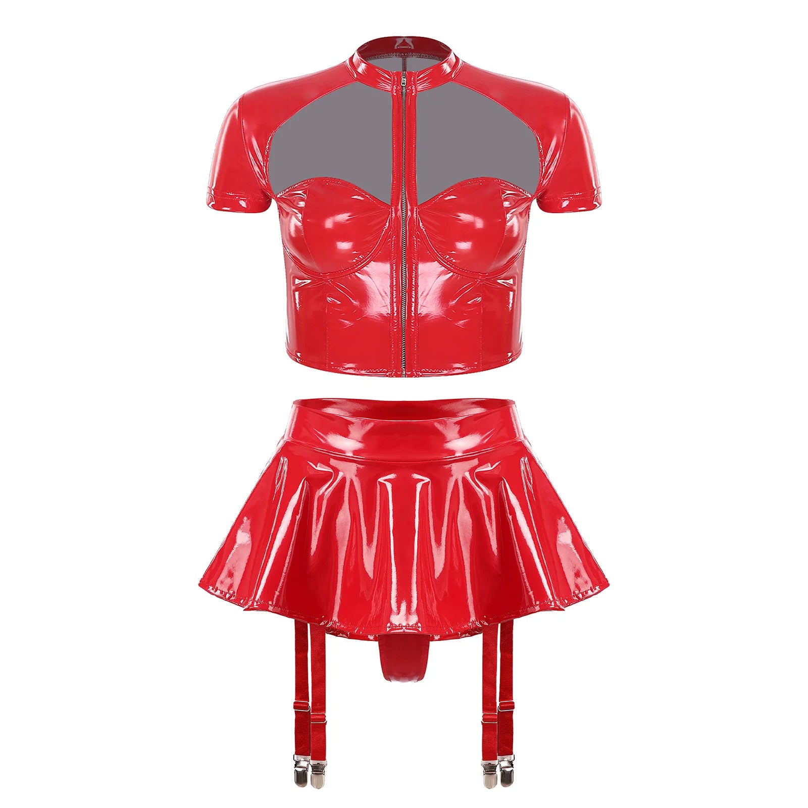 Womens Sexy Lingerie PU Leather Push-up Underwire Cutout Short Sleeve Crop Top And Thongs Miniskirt for Raves Pole Dance