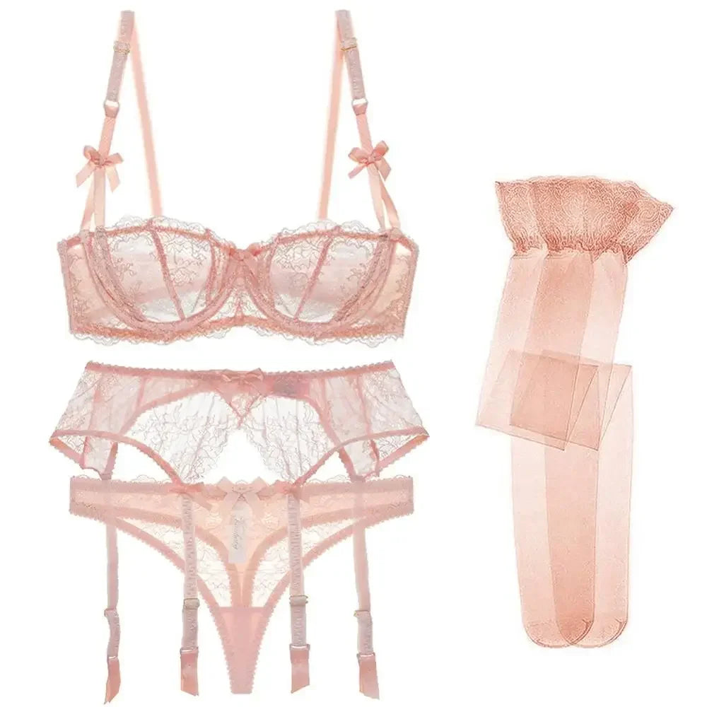 New 2025 Luxury Half Cup Lace Transparent Sexy Lingerie Ultra-thin Solid Shell Style 4 Pieces/Lots Bra Set Garter and ☆★☆★qq