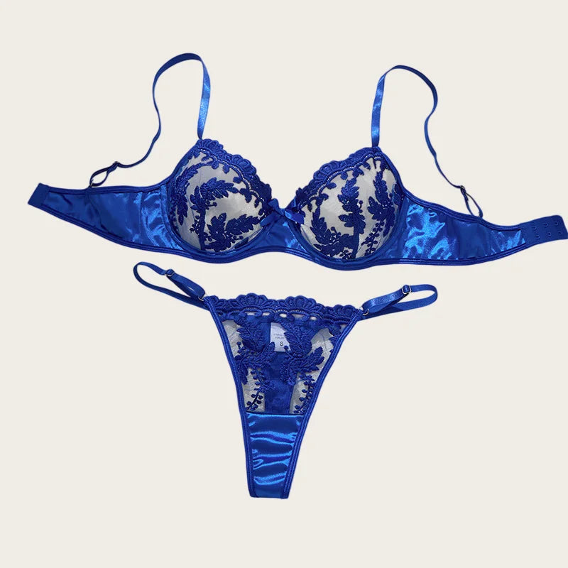 Sexy Women Lingerie Set Dark Blue Ultra Thin Mesh Underwear Delicate Embroidered Bra and Panties Sets Translucent Sexy Lingerie