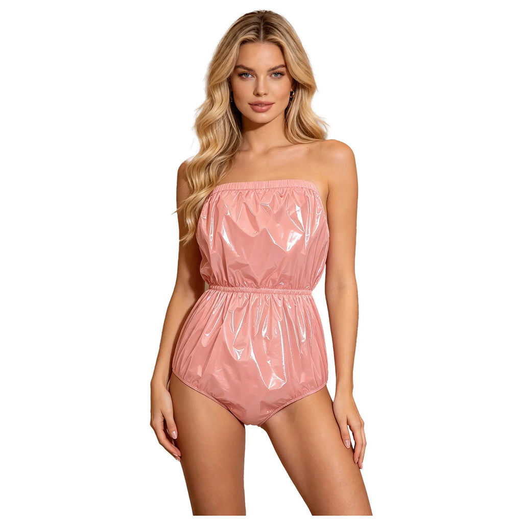 Women Waterproof Adaptive Lingerie Bodysuit Strapless High-cut Glossy Swimwear Swimsuit Rompers Home Nursing Nightdress Clubwear