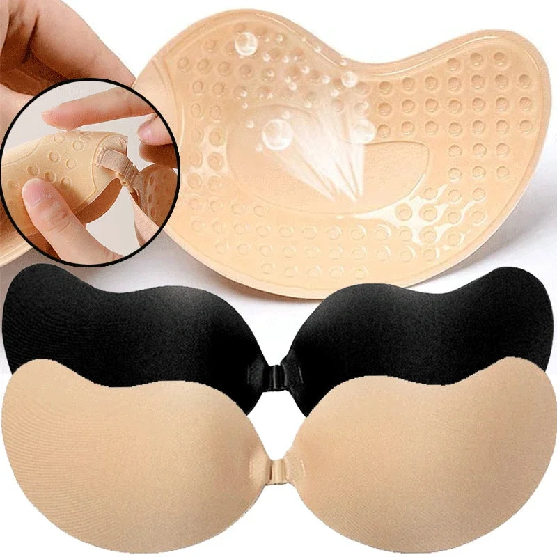 Reusable Adhesive Nipple Covers A-D Cups, Silicone Padded Push-Up Strapless Bra Stick-On Lingerie for Wedding Dresses