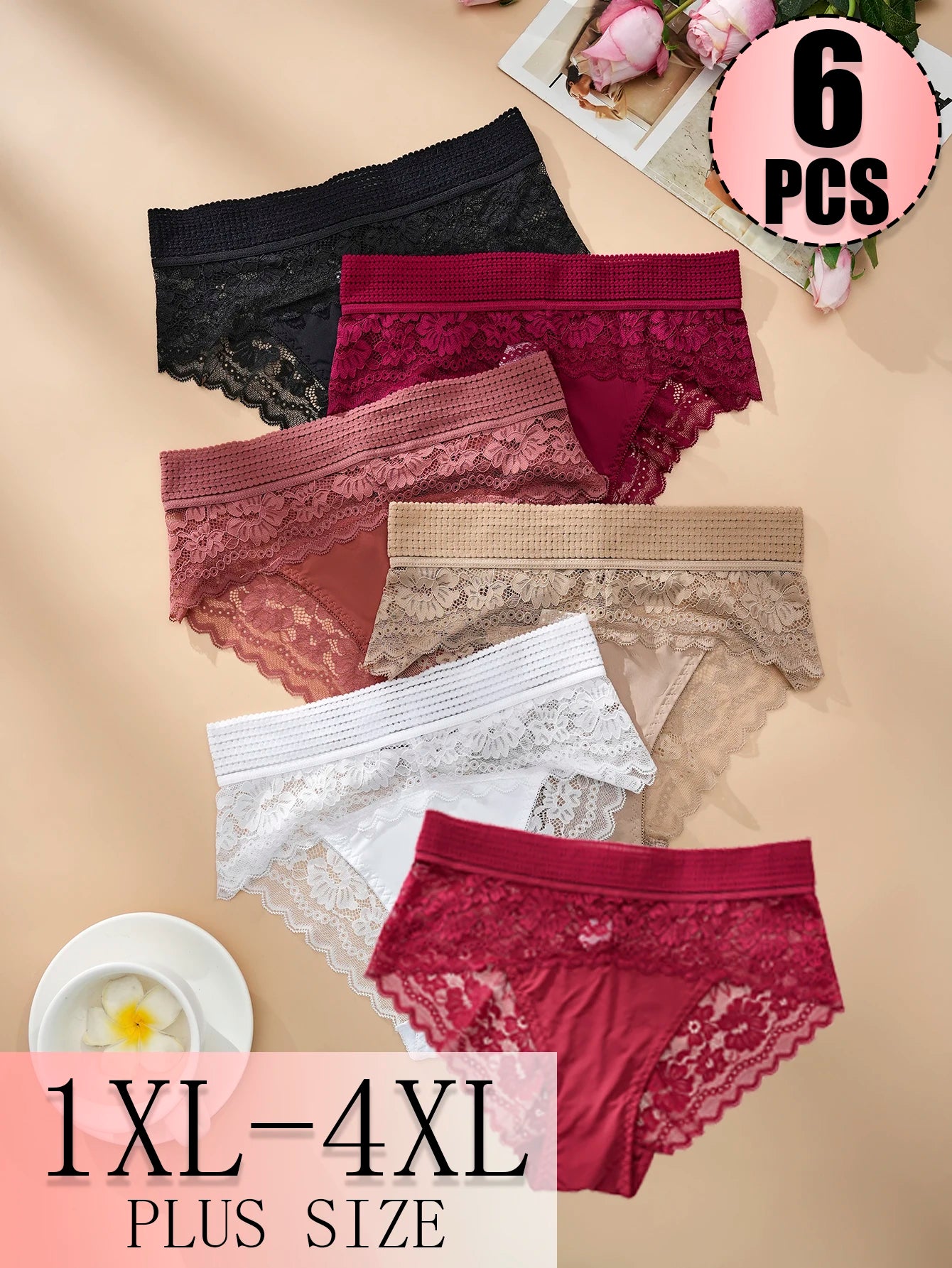 6PCS Plus Size Women's Sexy Lace Plus Size Women's Underwear, Close Fitting, Breathable, Comfortable, High Elasticity Plus Size Women's Underwear