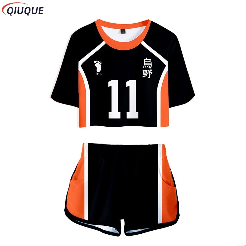 Karasuno Koukou Cosplay Costume Summer Girls Cheerleading Uniform Women Anime Crop Top Short-sleeved T-shirt Shorts