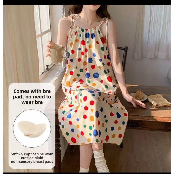 Cloud Cotton Camisole Nightdress With Chest Pads Women, Summer Sleepwear, Lightweight Casual Slim-Fit Dress