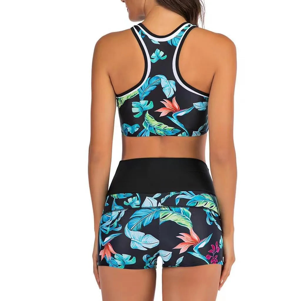 Y2K Bikini Woman Tankini With Shorts Crop Top High Waist Tropical Print Swimwear Blue Green Pink Halter Neck Two Piece Swimsuit
