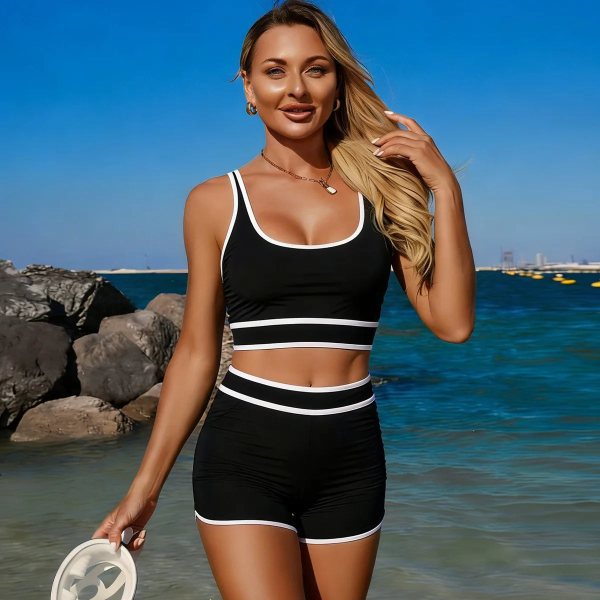 Olive Green Bikini Sleeveless Crop Top High Waist Shorts Teal Bikinis Solid Cropped Mini Black Two Piece Swimsuit Pink Swim