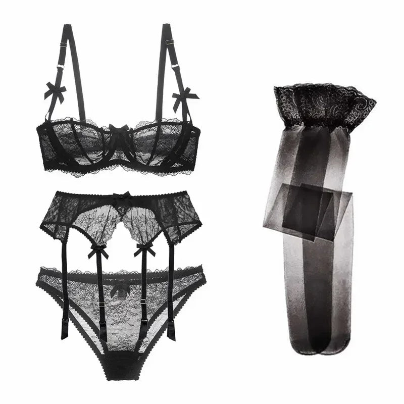 New 2025 Luxury Half Cup Lace Transparent Sexy Lingerie Ultra-thin Solid Shell Style 4 Pieces/Lots Bra Set Garter and ☆★☆★qq