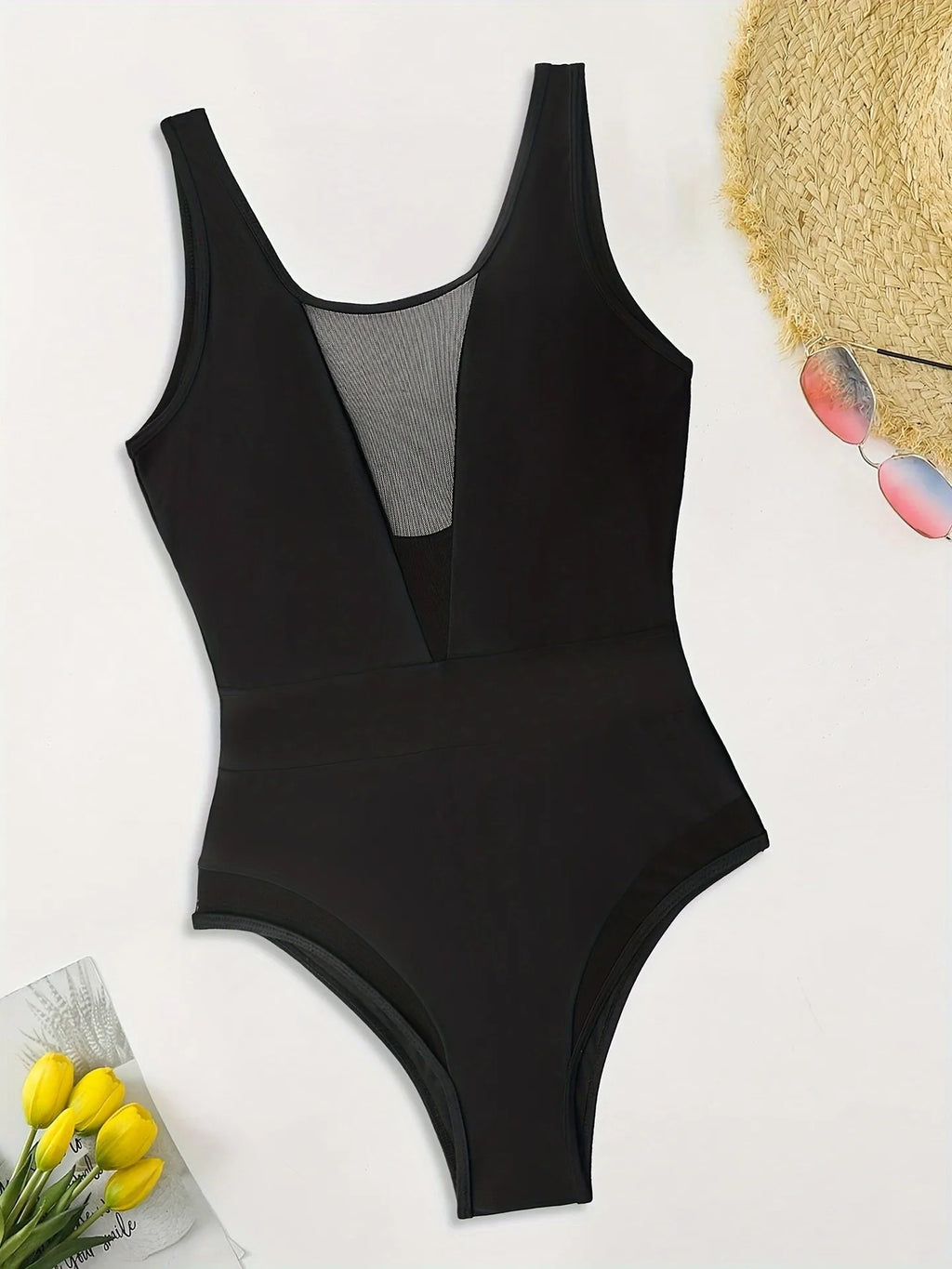 Sexy Women Lingerie Black Swimsuit Deep V Neck Swimwear High Cut Leg Swimsuit Ruched Waist Sleeveless Bathing Suit