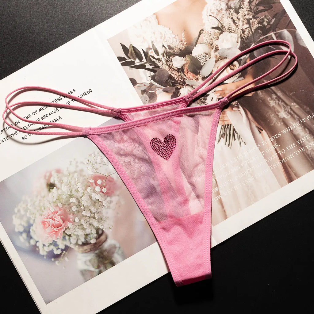 Lace Mesh Women Briefs Sexy Thong Transparent Rhinestones Heart Panties Underwear Girls G String Lingerie Fitness T Back