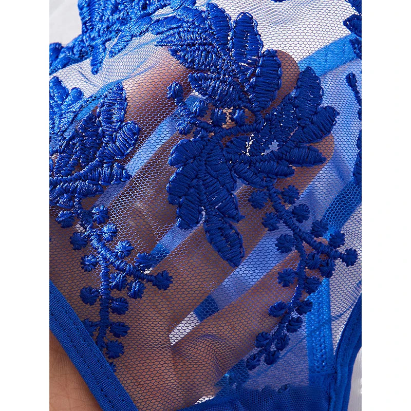 Sexy Women Lingerie Set Dark Blue Ultra Thin Mesh Underwear Delicate Embroidered Bra and Panties Sets Translucent Sexy Lingerie