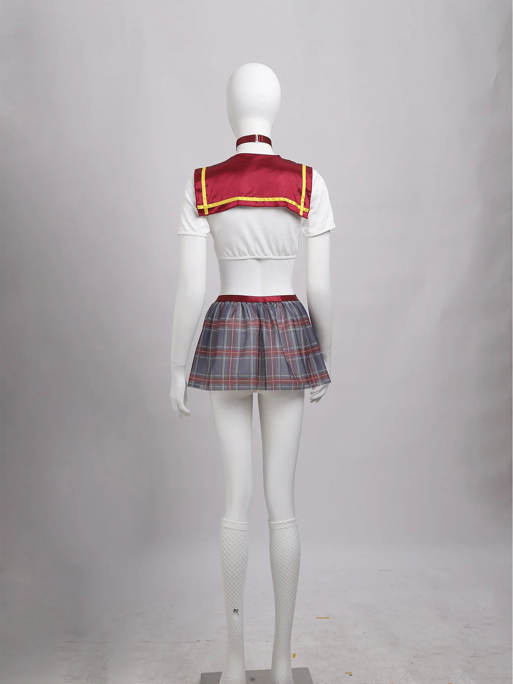 Women Halloween Theme Party Sexy Schoolgirl Cosplay Lingerie Set Crop Top with Necktie Sheer Mini Skirt Thong Fishnet Stockings