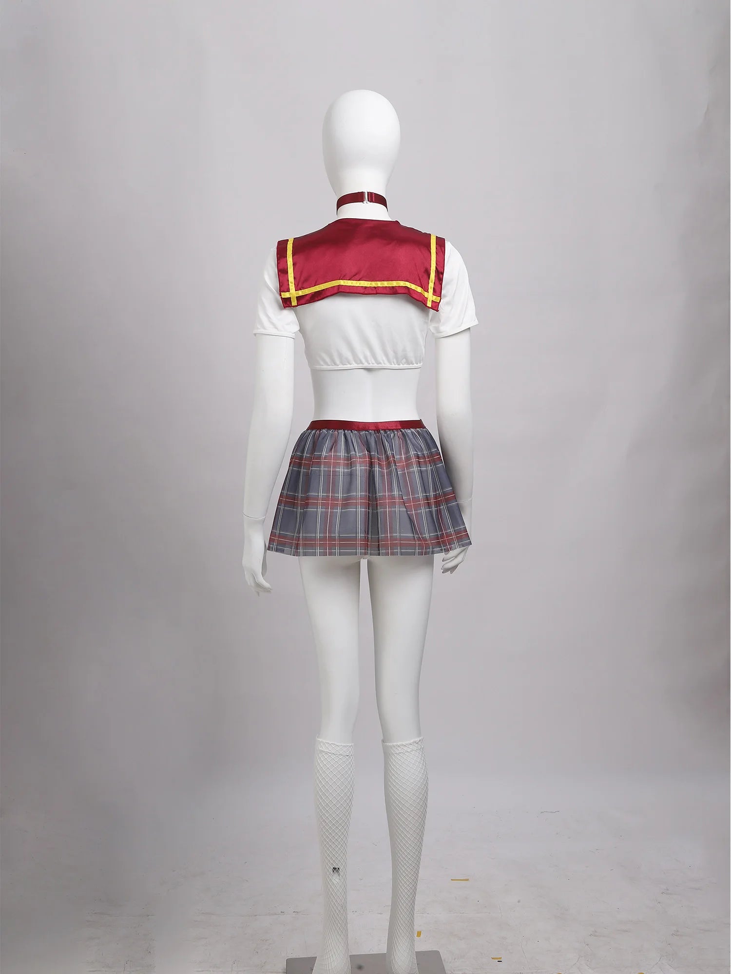 Women Halloween Theme Party Sexy Schoolgirl Cosplay Lingerie Set Crop Top with Necktie Sheer Mini Skirt Thong Fishnet Stockings