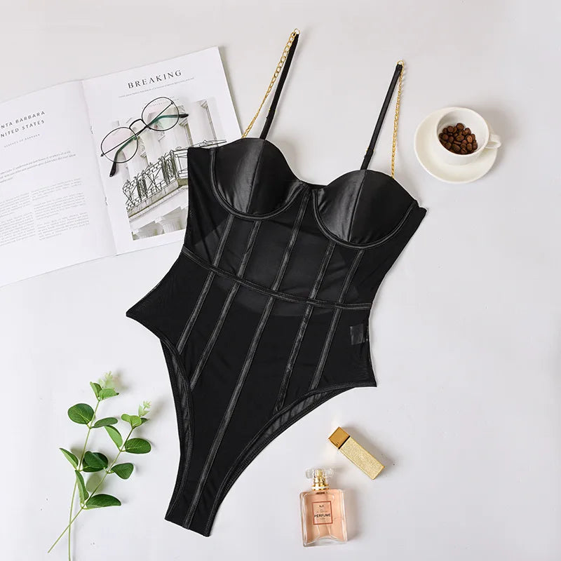 Sexy Lingerie for Women Mesh Erotic Babydoll Bodysuit With Chain Straps Teddy Erotic Dress for Sex Lenceria Costumes